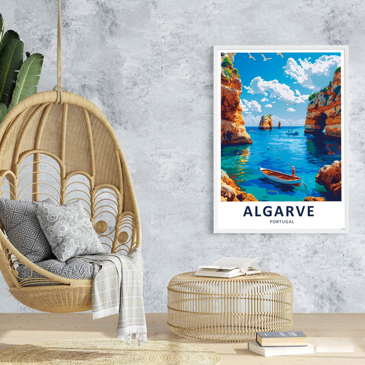 Puffy white clouds and deep ocean blue reflections add dramatic depth to this Benagil cave art poster set in Algarve, Portugal. Upgrade your wall decor with a canvas print, framed artwork, or unframed paper poster.