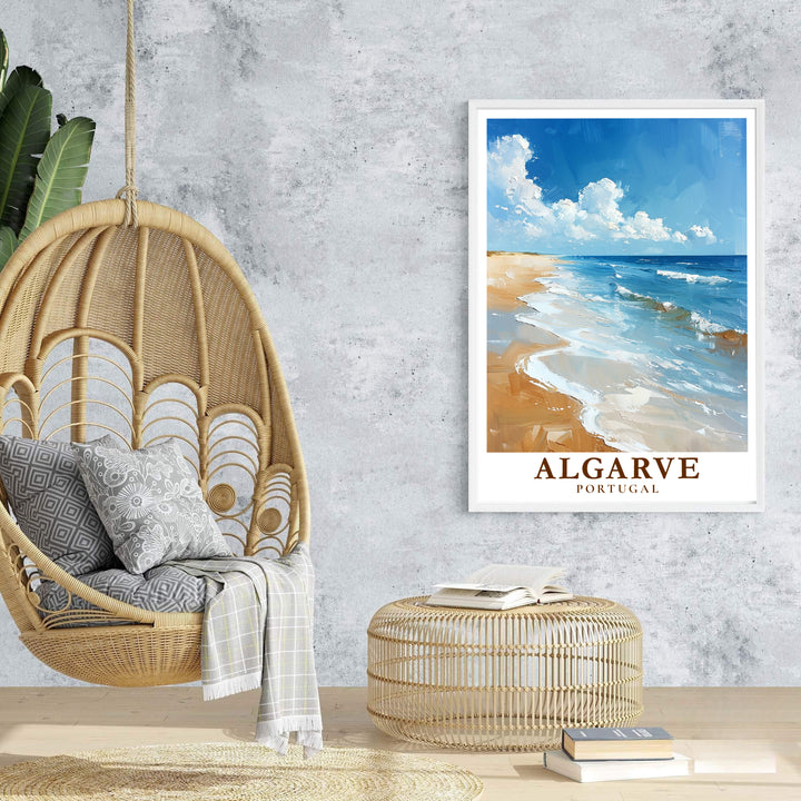 Vibrant blue ocean and golden beach colors lend a tranquil mood to this Algarve Beach, Portugal travel print. Browse archival framed, unframed, and canvas options at MapYourDreams to build a travel decor wall gallery.