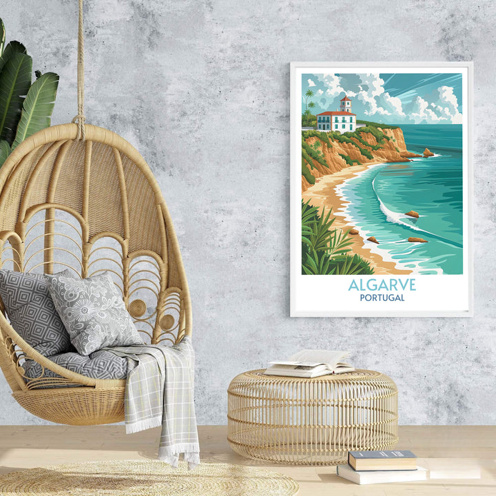 Elegant typography reading ALGARVE PORTUGAL anchors this coastal wall art print, shown framed in solid black wood for a bold accent in modern office or living room spaces.