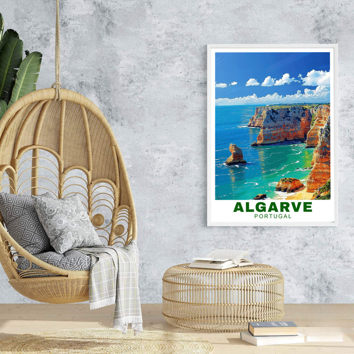 European coastal bluff landscape art at Algarve Cliffs, Portugal shines in this blue and golden print. Order custom framed, unframed, and canvas options at MapYourDreams for an elegant coastal wall decor accent.