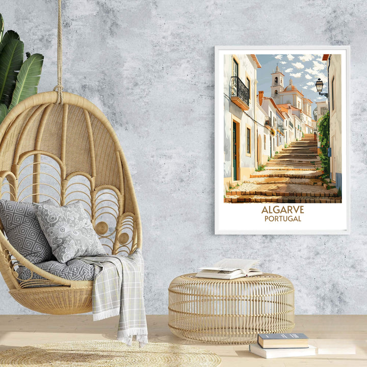 Warm terracotta and clear blue sky colors lend a timeless mood to this Faro Old Town, Portugal travel print. Browse archival framed, unframed, and canvas options at MapYourDreams to build a travel decor wall gallery.