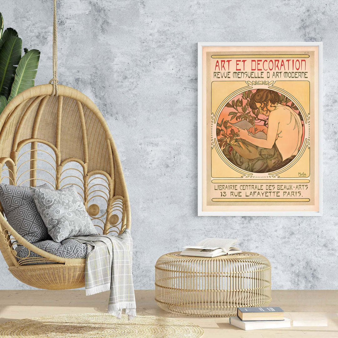 Soft peach sunset backdrop vintage French wall art Art Et Decoration by artist Alphonse Mucha showing olive leaf foliage at 13 Rue Lafayette Paris. Browse archival framed, unframed, and canvas poster choices at MapYourDreams.
