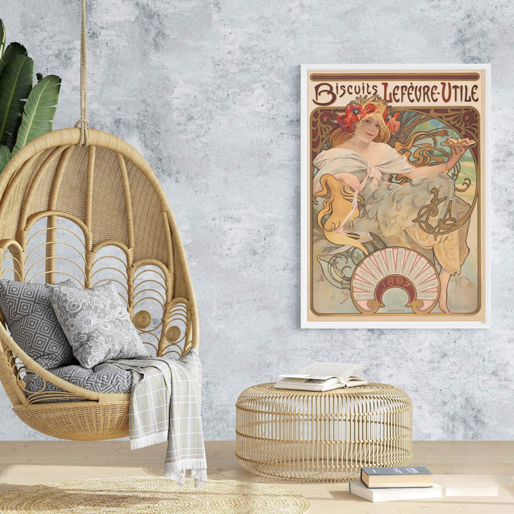 Soft sage background vintage French wall art Biscuits Lefevre Utile by artist Alphonse Mucha showing wheat field scenery in Nantes France. Browse archival framed, unframed, and canvas poster choices at MapYourDreams.