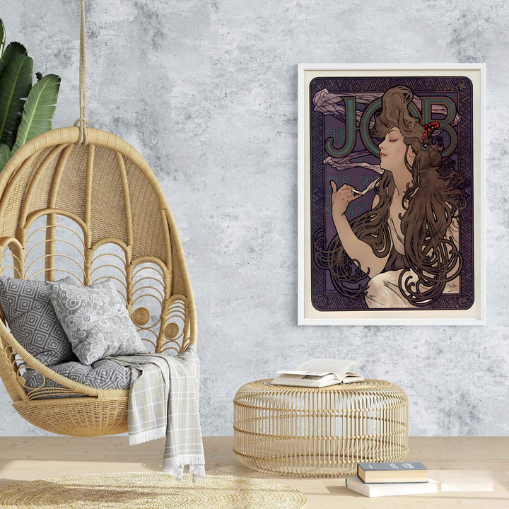 Deep purple background vintage French wall art JOB Cigarette Papers by artist Alphonse Mucha showing swirling hair scenery in Paris France. Browse archival framed, unframed, and canvas poster choices at MapYourDreams.