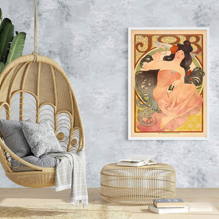 Warm golden background vintage French wall art JOB Cigarette Papers by artist Alphonse Mucha showing swirling hair scenery at Boulevard Saint-Michel Paris. Browse archival framed, unframed, and canvas poster choices at MapYourDreams.