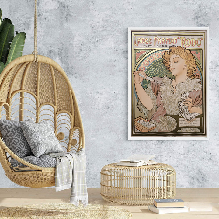 Soft pastel background vintage French wall art Lance Parfum Rodo by artist Alphonse Mucha showing elegant gown drapery in Paris France. Browse archival framed, unframed, and canvas poster choices at MapYourDreams.