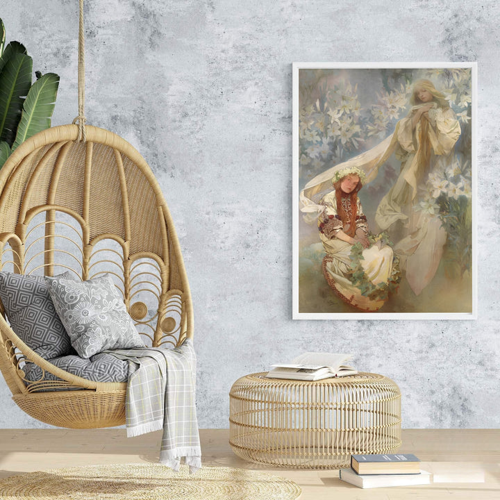 Ethereal pastel background vintage fine art print Madonna Of The Lilies by artist Alphonse Mucha showing serene figure drapery in Prague Bohemia. Browse archival framed, unframed, and canvas poster choices at MapYourDreams.