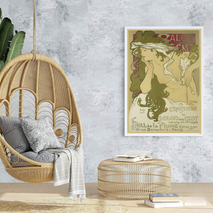 Ethereal Art Nouveau exhibition poster Salon Des Cent by artist Alphonse Mucha showing flowing headscarf drapery at 31 Rue Bonaparte Paris. Browse archival framed, unframed, and canvas poster choices at MapYourDreams.