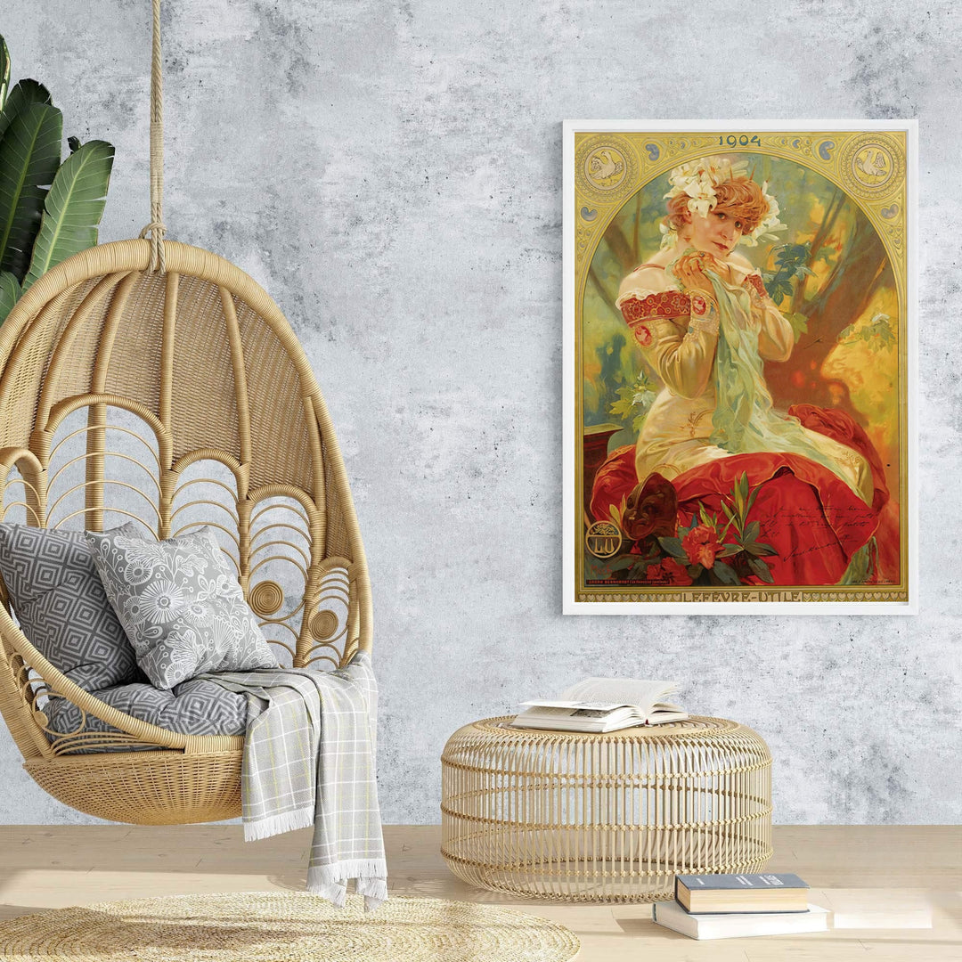 Ethereal Art Nouveau portrait poster of Sarah Bernhardt with lilies in Paris France by Alphonse Mucha, featured in unframed paper, gallery canvas print, or custom framed options at MapYourDreams.