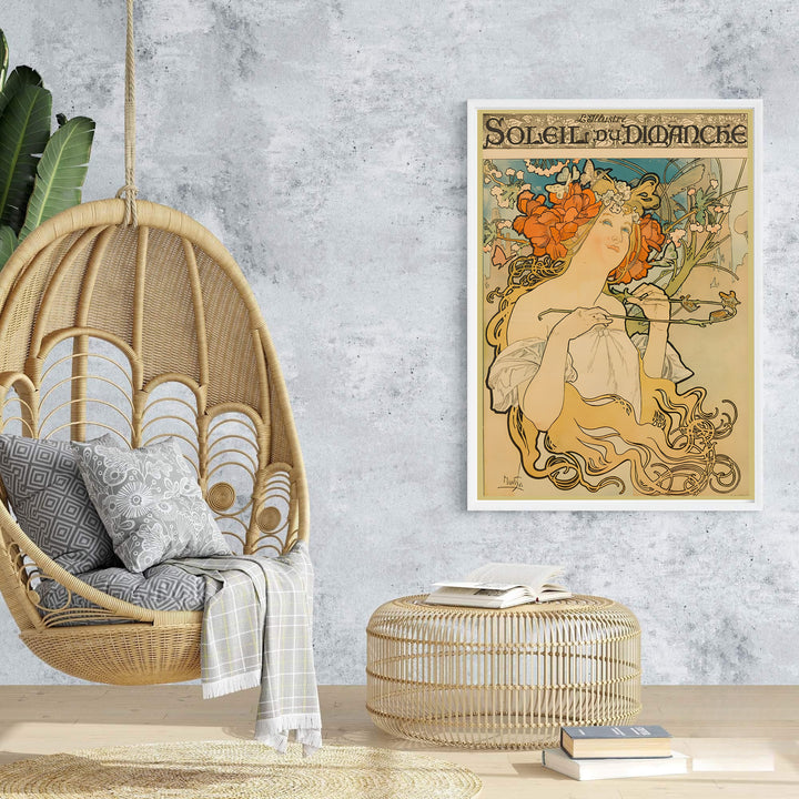 Soft sky blue backdrop vintage French wall art Soleil Du Dimanche by artist Alphonse Mucha showing Paris skyline silhouette. Browse archival framed, unframed, and canvas poster choices at MapYourDreams.