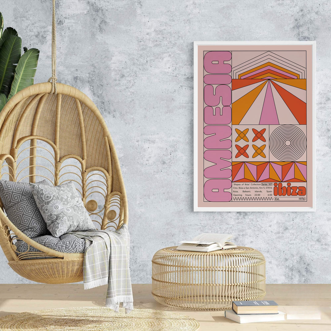 Vibrant retro Balearic poster of Amnesia Ibiza featuring 70s geometric linework and warm desert rose color palettes, offered at MapYourDreams with options for unframed paper prints, gallery-quality stretched canvas, or custom frame finishes for bright home studio interior arrangements.