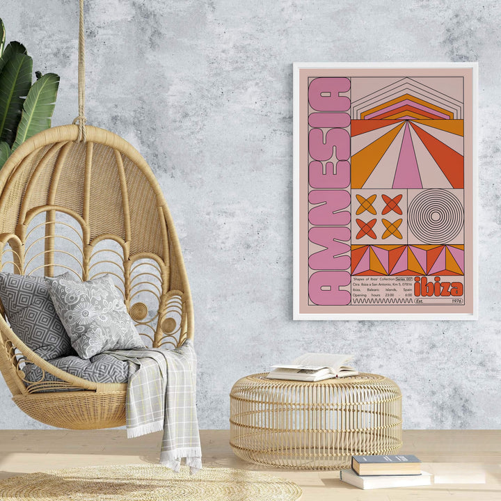Vibrant retro Balearic poster of Amnesia Ibiza featuring 70s geometric linework and warm desert rose color palettes, offered at MapYourDreams with options for unframed paper prints, gallery-quality stretched canvas, or custom frame finishes for bright home studio interior arrangements.