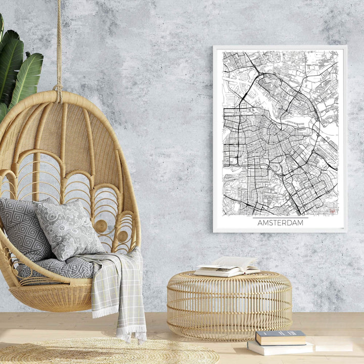 Sleek urban map poster of Amsterdam road networks, waterways, and city blocks, offered at MapYourDreams with choices for unframed paper, gallery-quality stretched canvas, or custom frame finishes for minimalist interior layouts.