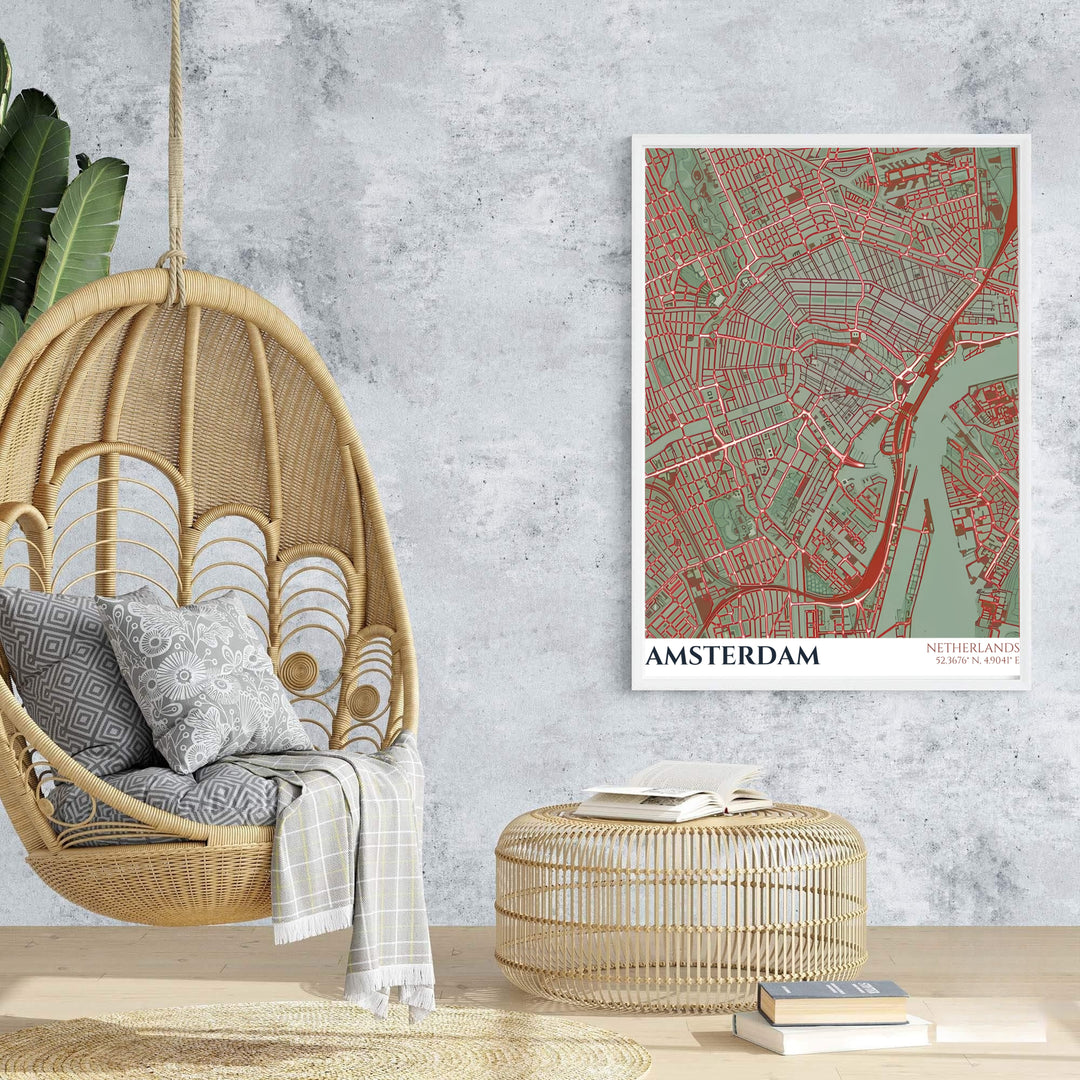 Sleek urban map poster of Amsterdam road networks, waterways, and city blocks in sage green and red, offered at MapYourDreams with choices for unframed paper, gallery-quality stretched canvas, or custom frame finishes for contemporary interior layouts.