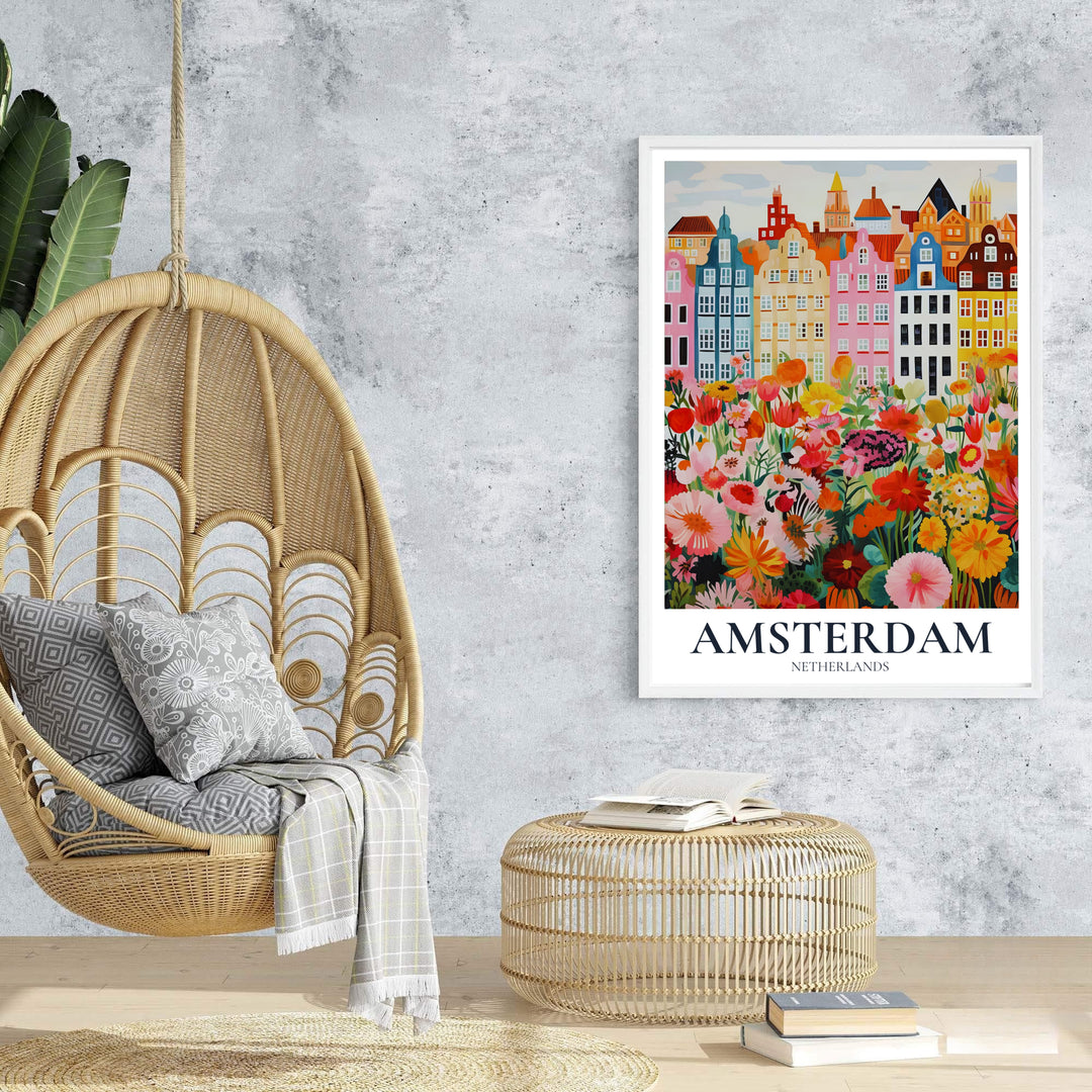 Vibrant city garden poster of Amsterdam architecture and colorful wildflower fields, offered at MapYourDreams with choices for unframed paper, gallery-quality stretched canvas, or custom frame finishes for colorful interior layouts.