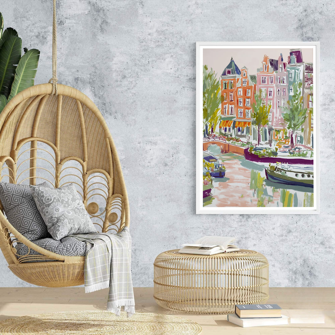 Vibrant impressionist city poster of Amsterdam architecture and peaceful canal boats, offered at MapYourDreams with choices for unframed paper, gallery-quality stretched canvas, or custom frame finishes for romantic interior layouts.