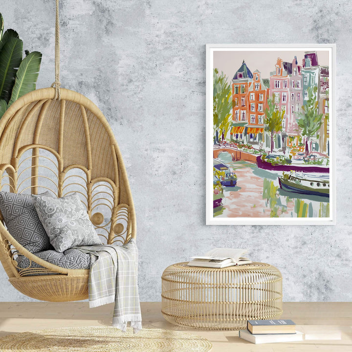 Vibrant impressionist city poster of Amsterdam architecture and peaceful canal boats, offered at MapYourDreams with choices for unframed paper, gallery-quality stretched canvas, or custom frame finishes for romantic interior layouts.