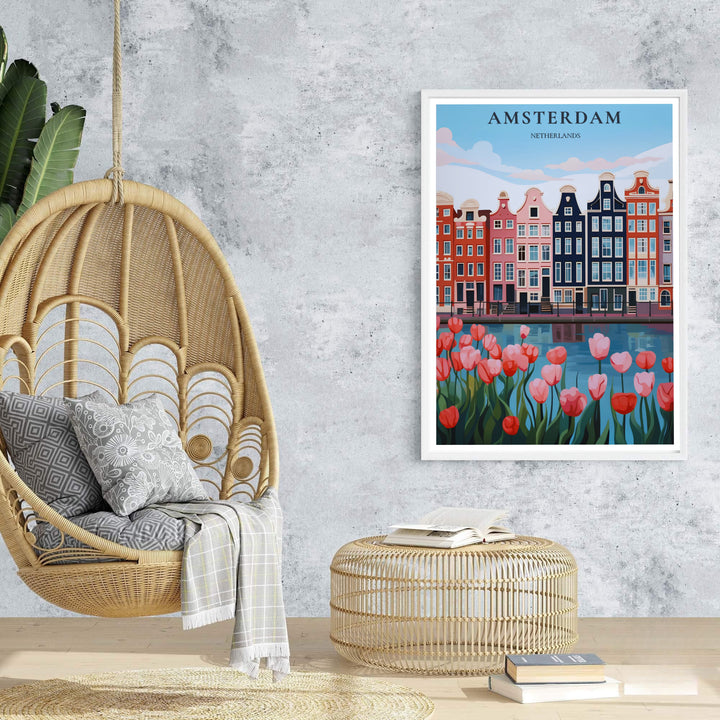 Vibrant graphic city poster of Amsterdam architecture and foreground tulip beds along the waterfront, offered at MapYourDreams with choices for unframed paper, gallery-quality stretched canvas, or custom frame finishes for colorful interior design layouts.