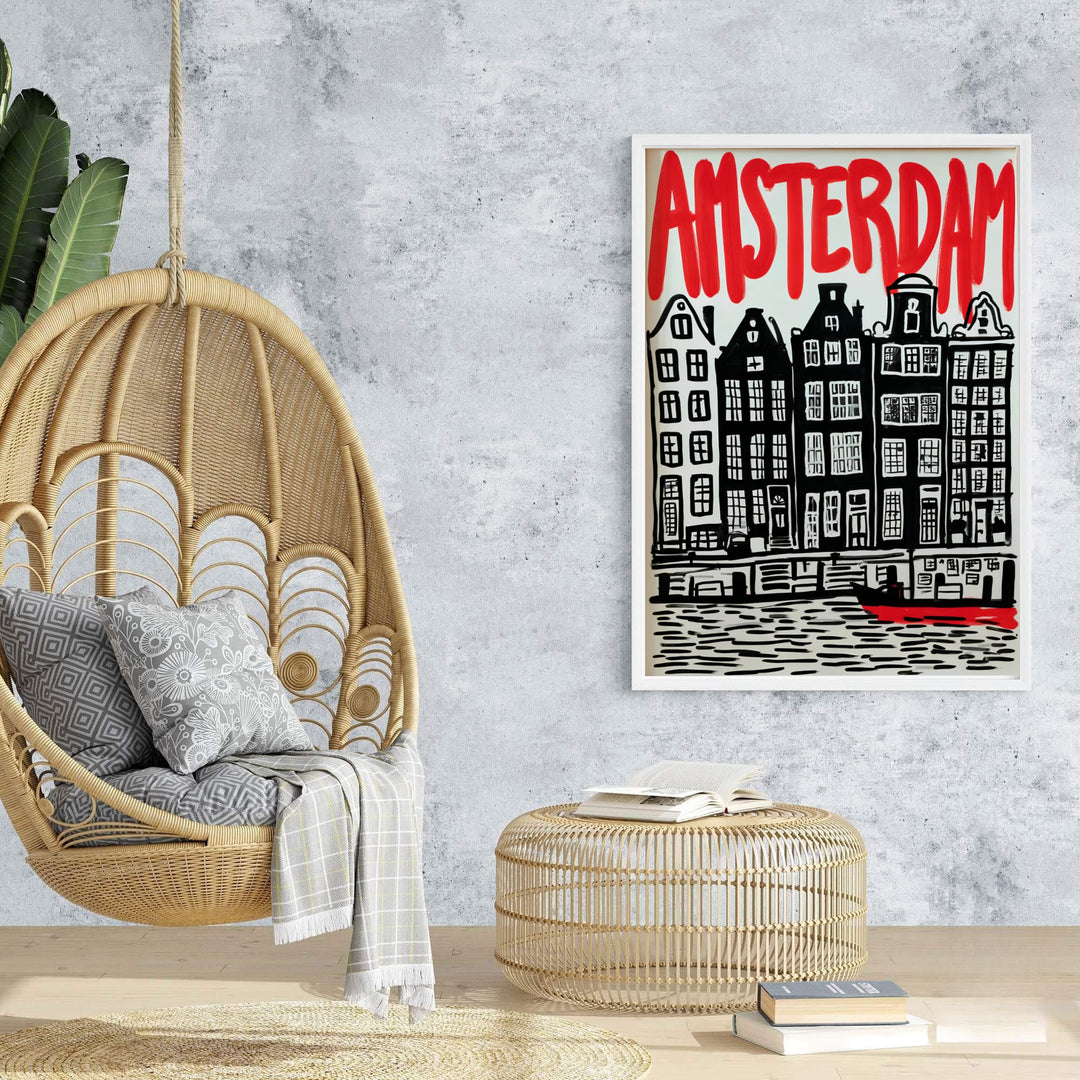 Dramatic graphic city poster of Amsterdam architecture and hand-lettered red typography, offered at MapYourDreams with choices for unframed paper, gallery-quality stretched canvas, or custom frame finishes for sophisticated, modern interior layouts.