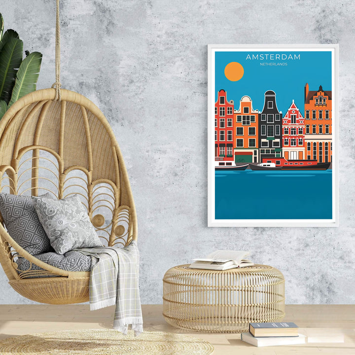 Elegant retro travel print featuring terracotta building facades and a parked green bicycle along an Amsterdam canal, provided by MapYourDreams as an unframed paper print, a gallery wrapped canvas, or a custom framed presentation style for lovers of vector design art.