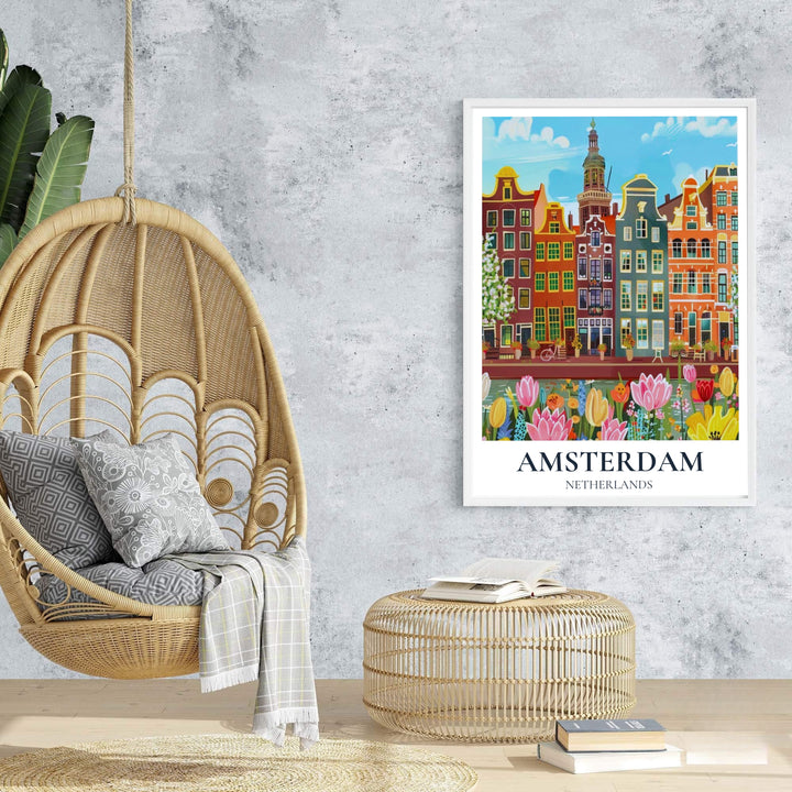 Colorful floral city poster of Amsterdam architecture and peaceful canal side tulip beds, offered at MapYourDreams with choices for unframed paper, gallery-quality stretched canvas, or custom frame finishes for bright, uplifting home interior arrangements.