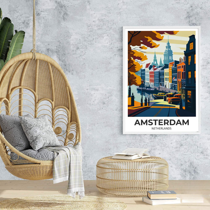 Atmospheric graphic city poster of Amsterdam architecture and peaceful canal reflections framed by golden trees, offered at MapYourDreams with options for unframed paper prints, gallery-quality stretched canvas, or custom frame finishes for warm, cozy home interior arrangements.