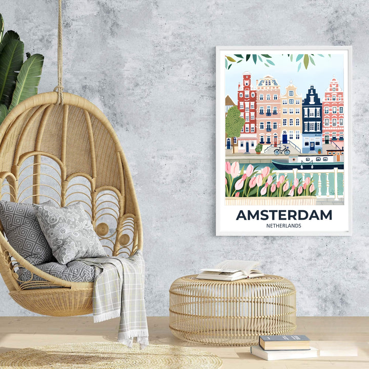 Charming graphic city poster of Amsterdam architecture and peaceful canal side pink tulip beds, offered at MapYourDreams with options for unframed paper prints, gallery-quality stretched canvas, or custom frame finishes for serene, uplifting home interior arrangements.