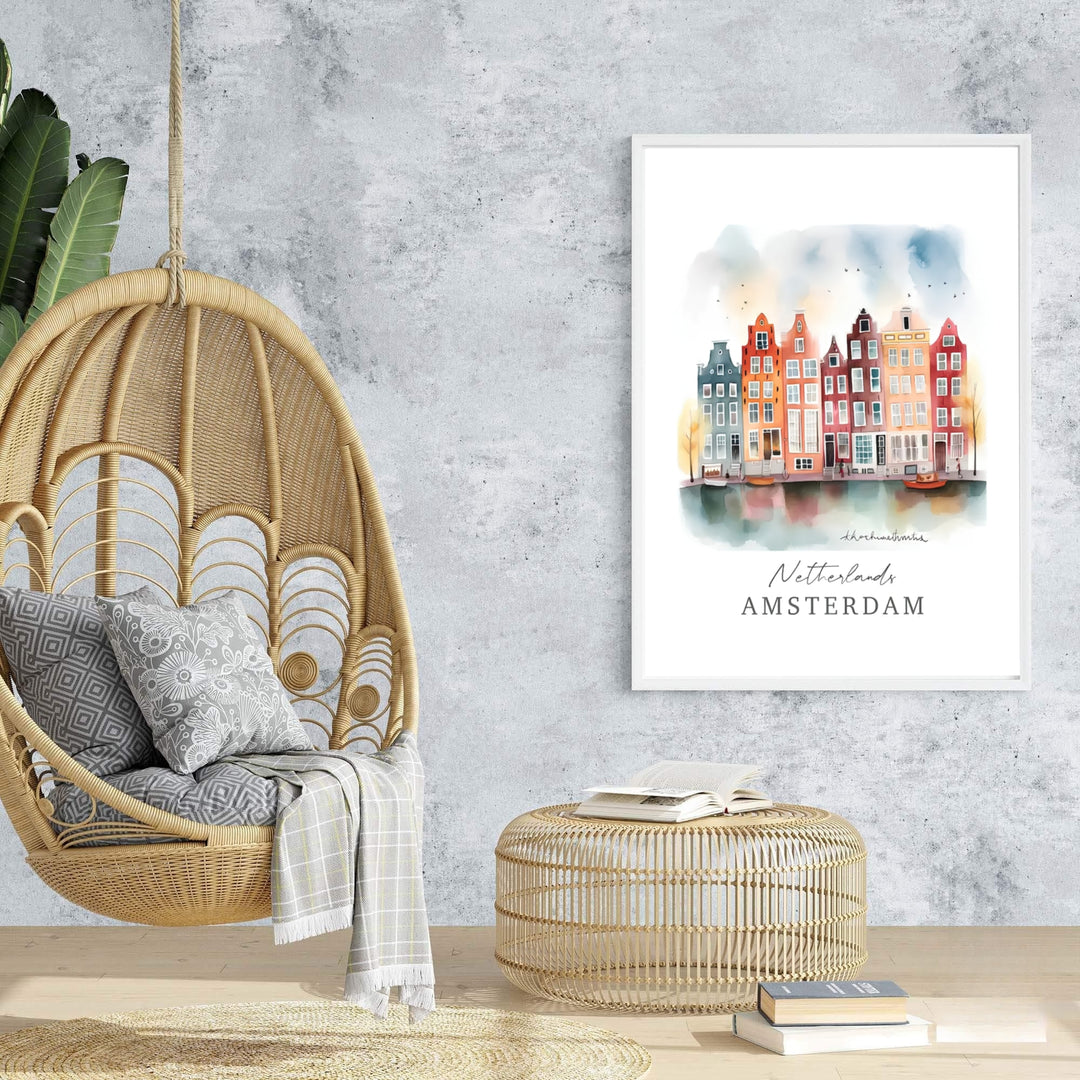 Charming watercolor city poster of Amsterdam architecture and peaceful canal reflections, offered at MapYourDreams with options for unframed paper prints, gallery-quality stretched canvas, or custom frame finishes for serene, uplifting home interior arrangements.