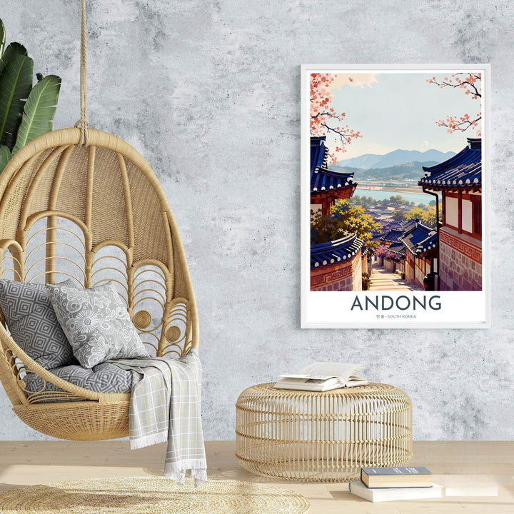 Sophisticated Asian travel gift print showing the timeless landscape of Hahoe Folk Village in Andong, South Korea, framed by blooming cherry trees in spring. Offered by MapYourDreams, this artwork is available in flexible options including unframed paper, custom wooden frames, and gallery canvas wraps.