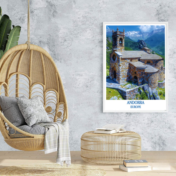 Panoramic views of a medieval Pyrenean church at Sant Joan de Caselles Church in Andorra star in this travel poster. MapYourDreams offers versatile framed, unframed, and canvas print options to refresh your decor.