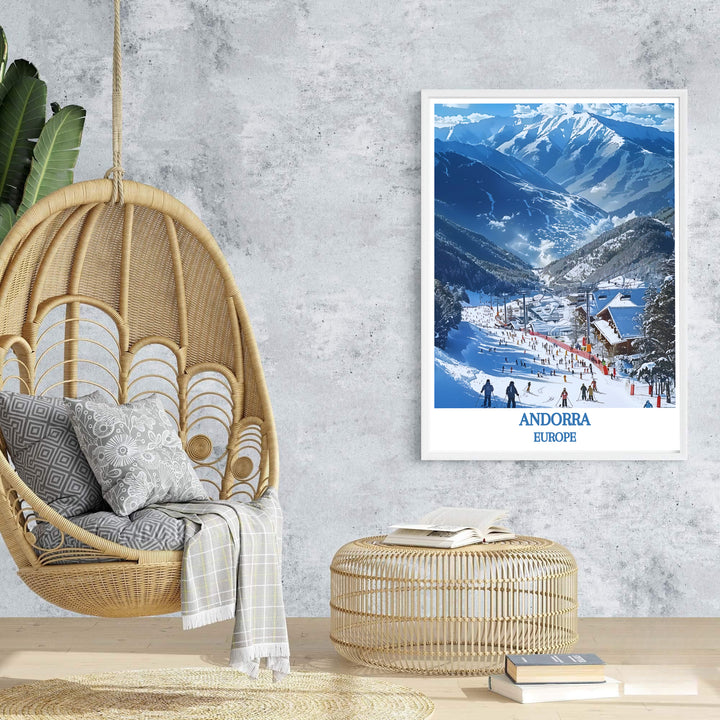Vibrant winter sports action and clear sky blues lend a lively mood to this Vallnord Ski Resort Andorra travel print. Browse archival framed, unframed, and canvas options at MapYourDreams for galleries.