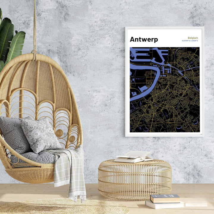 An Antwerp Belgium map poster illustrating the intricate street grid and surrounding riverways through precise cartographic graphic lines. Choose from versatile options including budget-friendly unframed paper, solid wood framed finishes, and gallery canvas wall art.