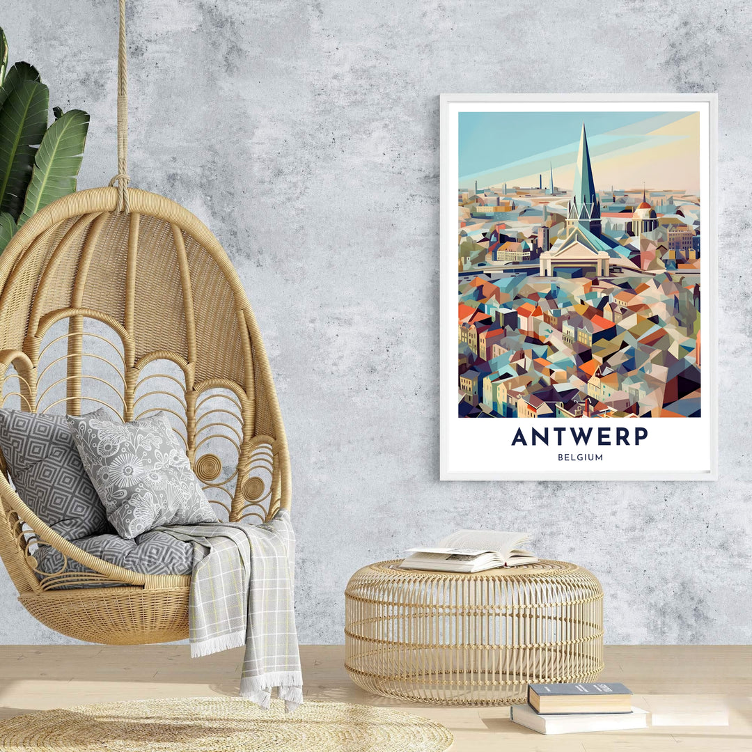 An Antwerp Belgium city skyline poster portraying the cathedral and surrounding rooftops through geometric angles and a warm pastel sky. Choose from versatile options including budget-friendly unframed paper, solid wood framed finishes, and gallery canvas wall art.