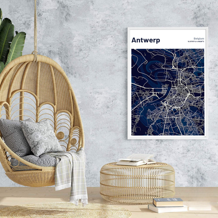 An Antwerp Belgium city map poster displaying the river bends and road network through clean cartographic lines on a deep blue canvas. Offered by MapYourDreams, this artwork is available in flexible options including unframed paper, custom wooden frames, and gallery canvas wraps.