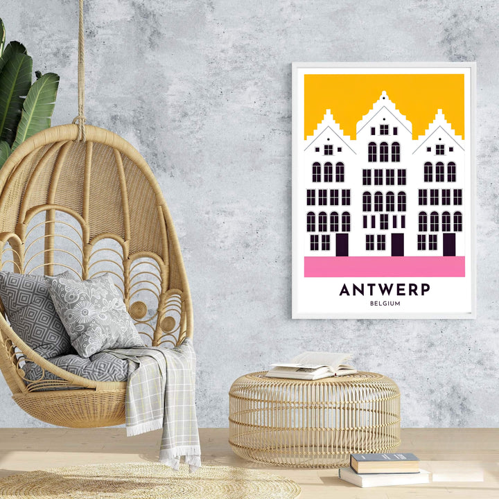 An Antwerp Belgium city art poster displaying traditional Flemish townhouses through clean vector art on a striking yellow background. Offered by MapYourDreams, this artwork is available in flexible options including unframed paper, custom wooden frames, and gallery canvas wraps.