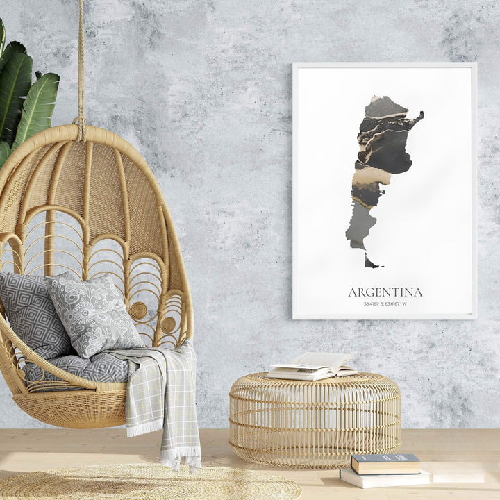 Refined Argentina travel poster display featuring modern cartographic line work, golden marbling, and coordinates text. Handpicked for the MapYourDreams catalog, this artwork is available in flexible styles including unframed paper prints, wooden frames, or gallery canvas.