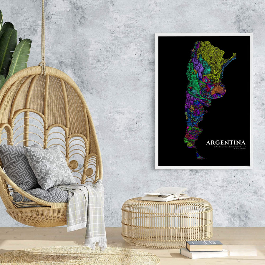 High-contrast Argentina water system map print featuring luminous stream veins against a rich black backdrop. An exclusive from MapYourDreams, you can select your preferred style from borderless paper prints, custom wooden framing, or gallery canvas wraps.
