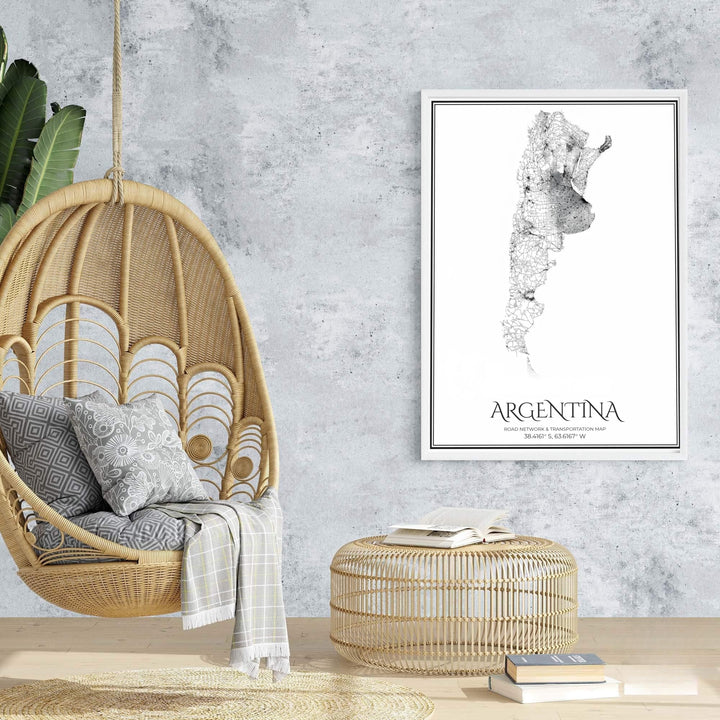 High-contrast Argentina road map print featuring a web of black transit lines forming the geographic country shape on white paper. An exclusive from MapYourDreams, you can select your preferred style from borderless paper prints, custom wooden framing, or gallery canvas wraps.