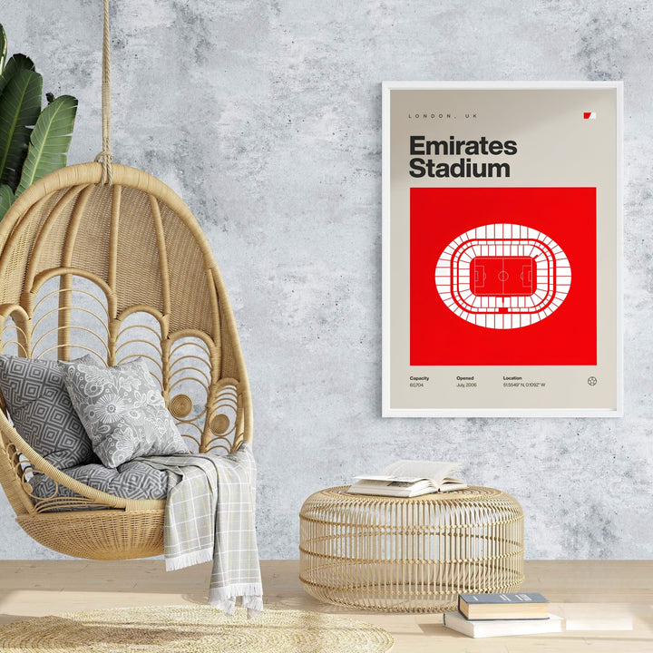 Clean architectural vector poster of Emirates Stadium in London with a striking red graphic block and off-white background field. MapYourDreams provides this artwork as an unframed fine art paper print, custom wood framed poster, or gallery wrapped canvas setup.