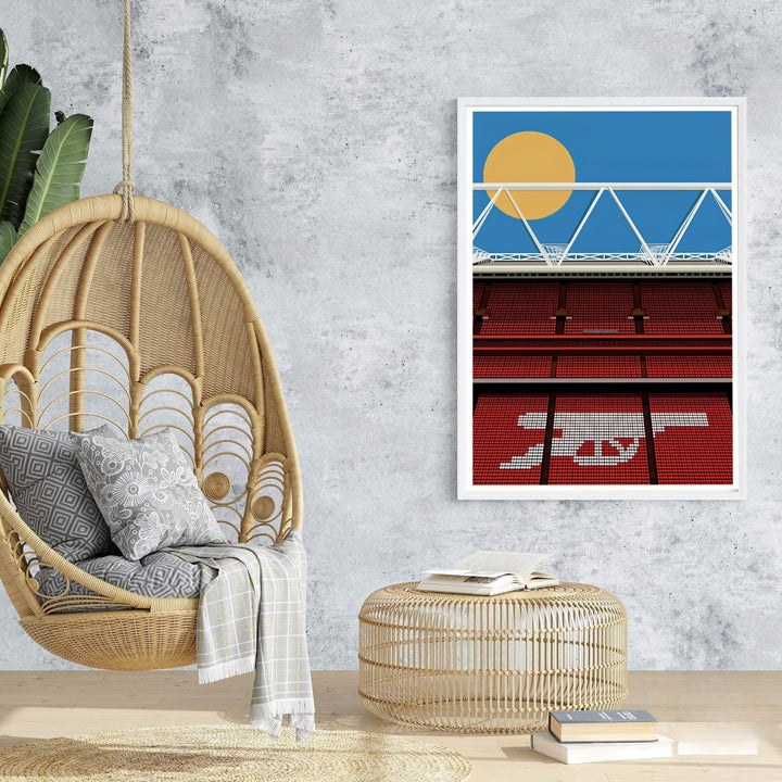 Bright vector poster of Emirates Stadium in London with a striking red seating graphic and white roof structure set against sky blue. MapYourDreams provides this artwork as an unframed fine art paper print, custom wood framed poster, or gallery wrapped canvas setup.