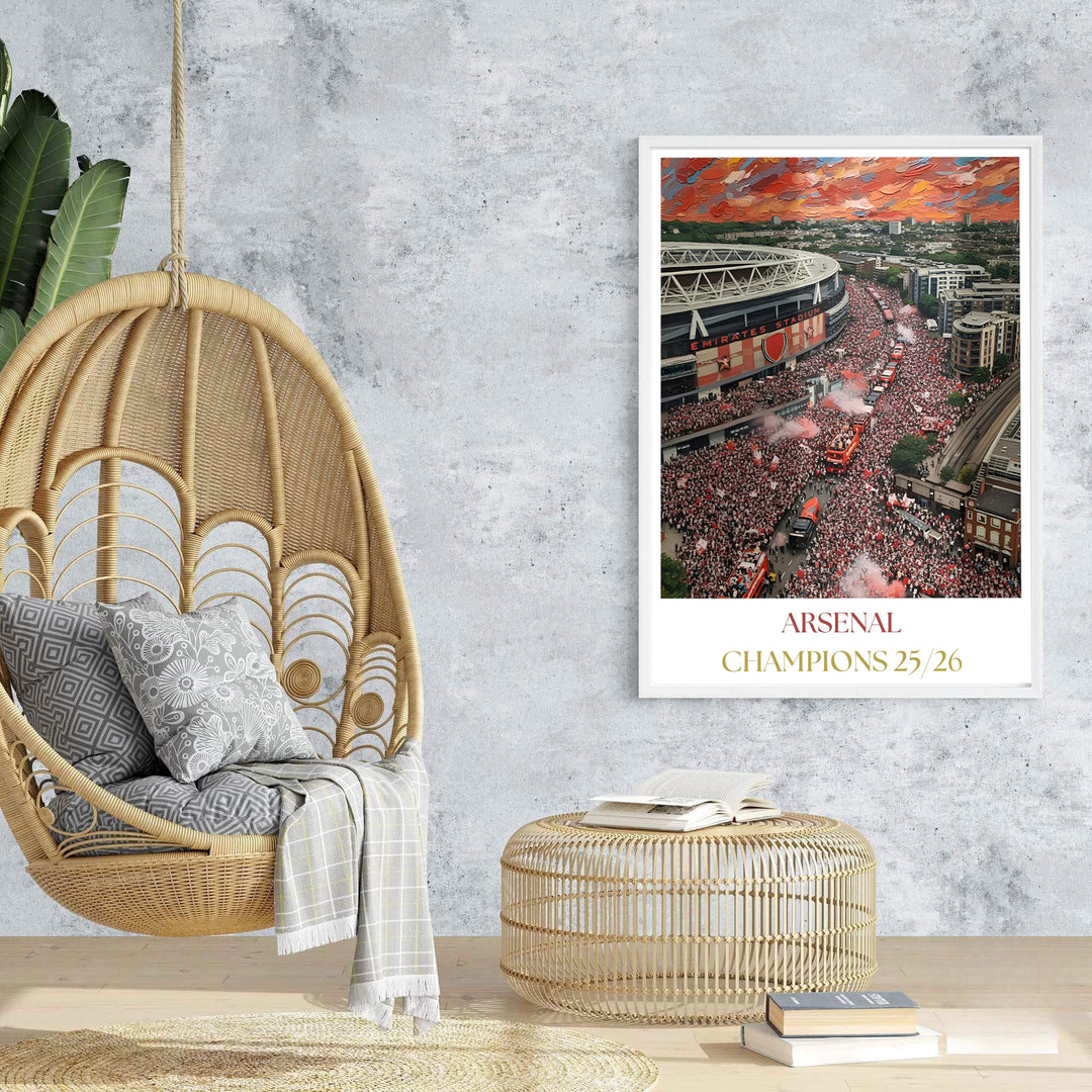 High quality impasto canvas wall decor art print showing Emirates Stadium surrounded by red parade smoke flares, available as unframed prints, framed options, or canvas for stylish sports wall art setup.