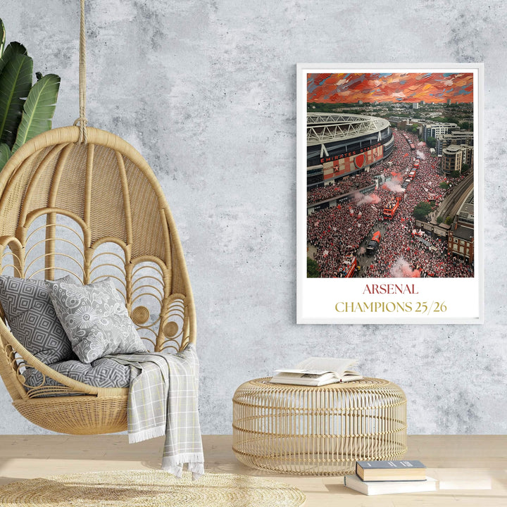 High quality impasto canvas wall decor art print showing Emirates Stadium surrounded by red parade smoke flares, available as unframed prints, framed options, or canvas for stylish sports wall art setup.