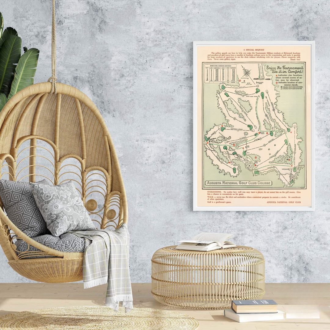 Aged parchment Augusta Georgia golf course map print featuring retro scorecard and hole yardage tables. Offered by MapYourDreams, this artwork is available in flexible options including unframed paper, custom wooden frames, and gallery canvas wraps for tailored home wall decor setups.