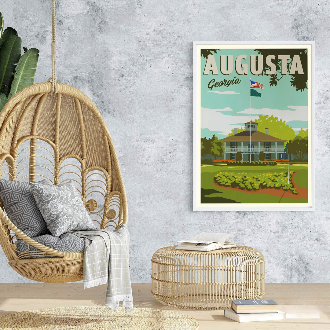 Vintage style Augusta Georgia travel poster print depicting the historic clubhouse surrounded by oak foliage. Offered by MapYourDreams, this artwork is available in flexible options including unframed paper, custom wooden frames, and gallery canvas wraps for tailored home wall decor setups.