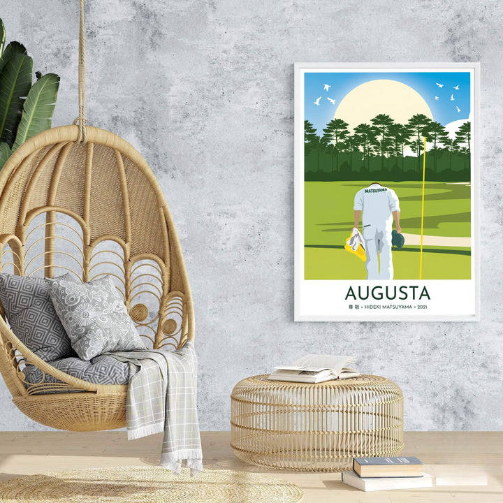 Modern golf office decor print displaying Shota Hayafuji bowing to the 18th hole at Augusta Georgia under flying white birds and pine trees. Offered by MapYourDreams, this artwork is available in flexible options including unframed paper, custom wooden frames, and gallery canvas wraps for tailored home wall decor setups.