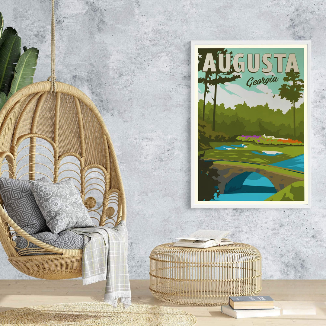 Modern golf office decor print displaying Hogan Bridge at Hole 12 Golden Bell under a pale sage and mint sky at Augusta Georgia. Offered by MapYourDreams, this artwork is available in flexible options including unframed paper, custom wooden frames, and gallery canvas wraps for tailored home wall decor setups.