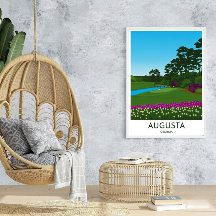 Minimalist golf office decor print displaying Hole 12 Amen Corner under a vivid cerulean gradient sky at Augusta Georgia. Offered by MapYourDreams, this artwork is available in flexible options including unframed paper, custom wooden frames, and gallery canvas wraps for tailored home wall decor setups.
