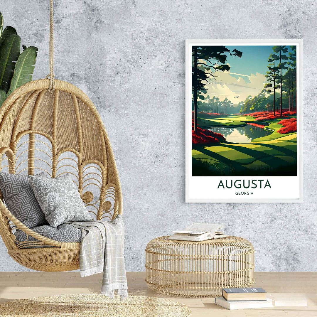 Stylish golf office decor print displaying Hole 13 Amen Corner under a soft pastel sky with soaring pine trees at Augusta Georgia. Offered by MapYourDreams, this artwork is available in flexible options including unframed paper, custom wooden frames, and gallery canvas wraps for tailored home wall decor setups.