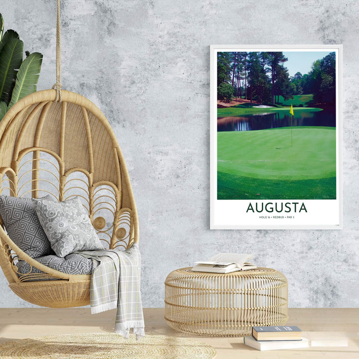 Executive golf office decor print displaying Hole 16 Redbud under a soft summer sky surrounded by mature Georgia pines at Augusta Georgia. Offered by MapYourDreams, this artwork is available in flexible options including unframed paper, custom wooden frames, and gallery canvas wraps for tailored home wall decor setups.