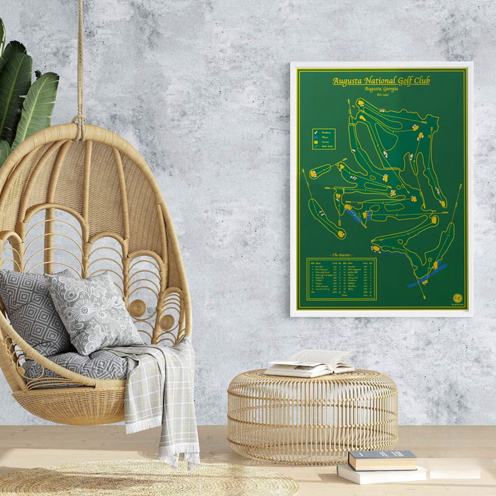 Executive golf office decor print displaying the full layout map and scorecard of Augusta Georgia in distinguished green and gold artwork. Offered by MapYourDreams, this artwork is available in flexible options including unframed paper, custom wooden frames, and gallery canvas wraps for tailored home wall decor setups.